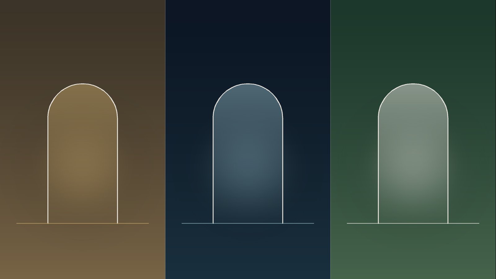 Three panels showing the same arch in three colour tones: warm brown, deep blue and soft green