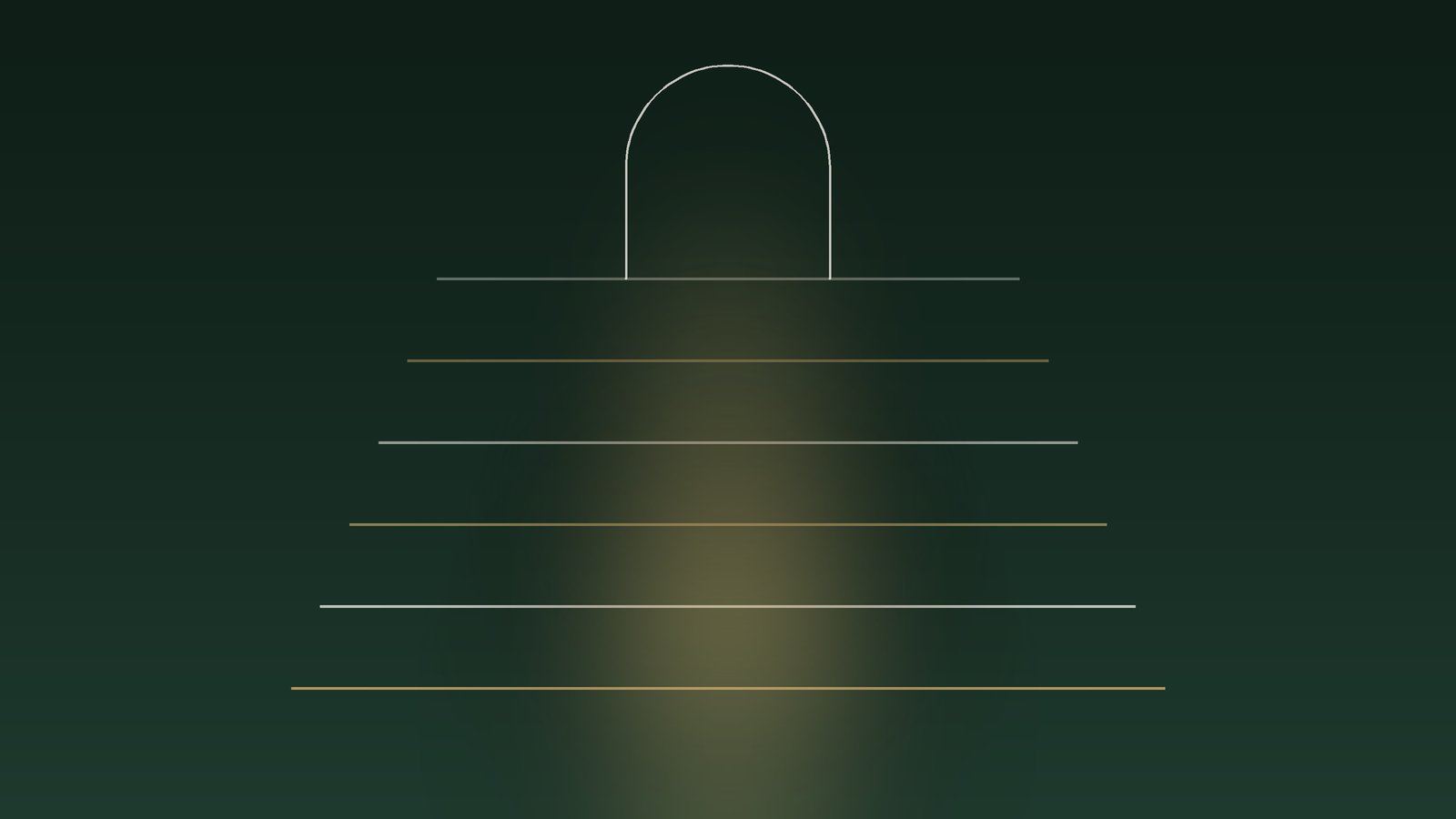 Six horizontal steps of light leading up to a single arch
