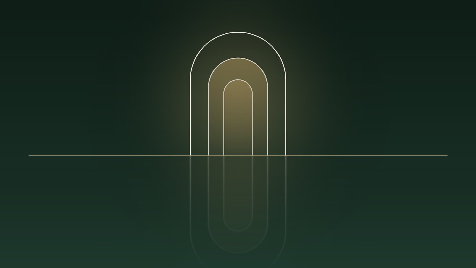 Three nested arches lit from within, reflected faintly below the horizon