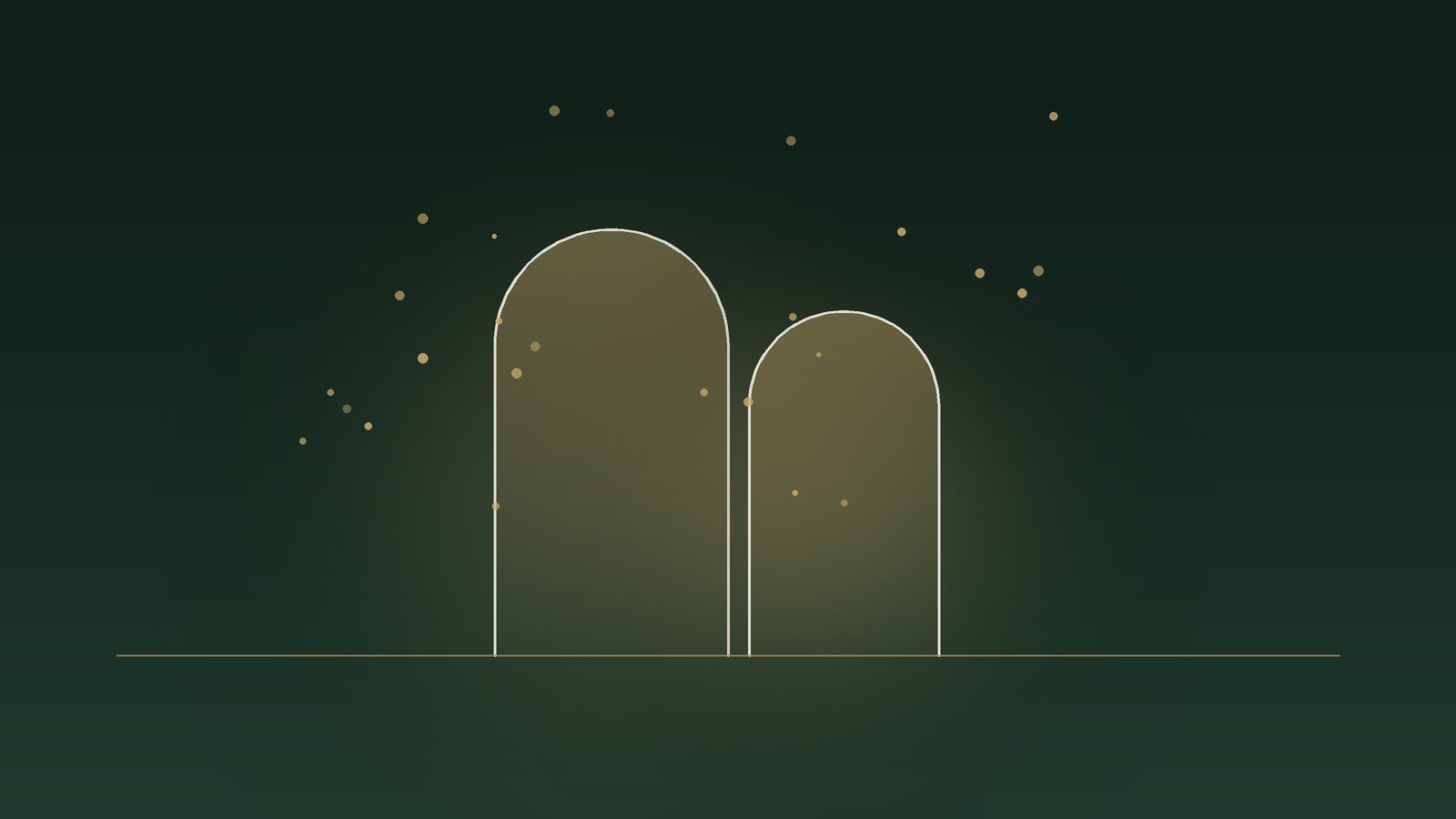 Two arches side by side with small points of light drifting above them