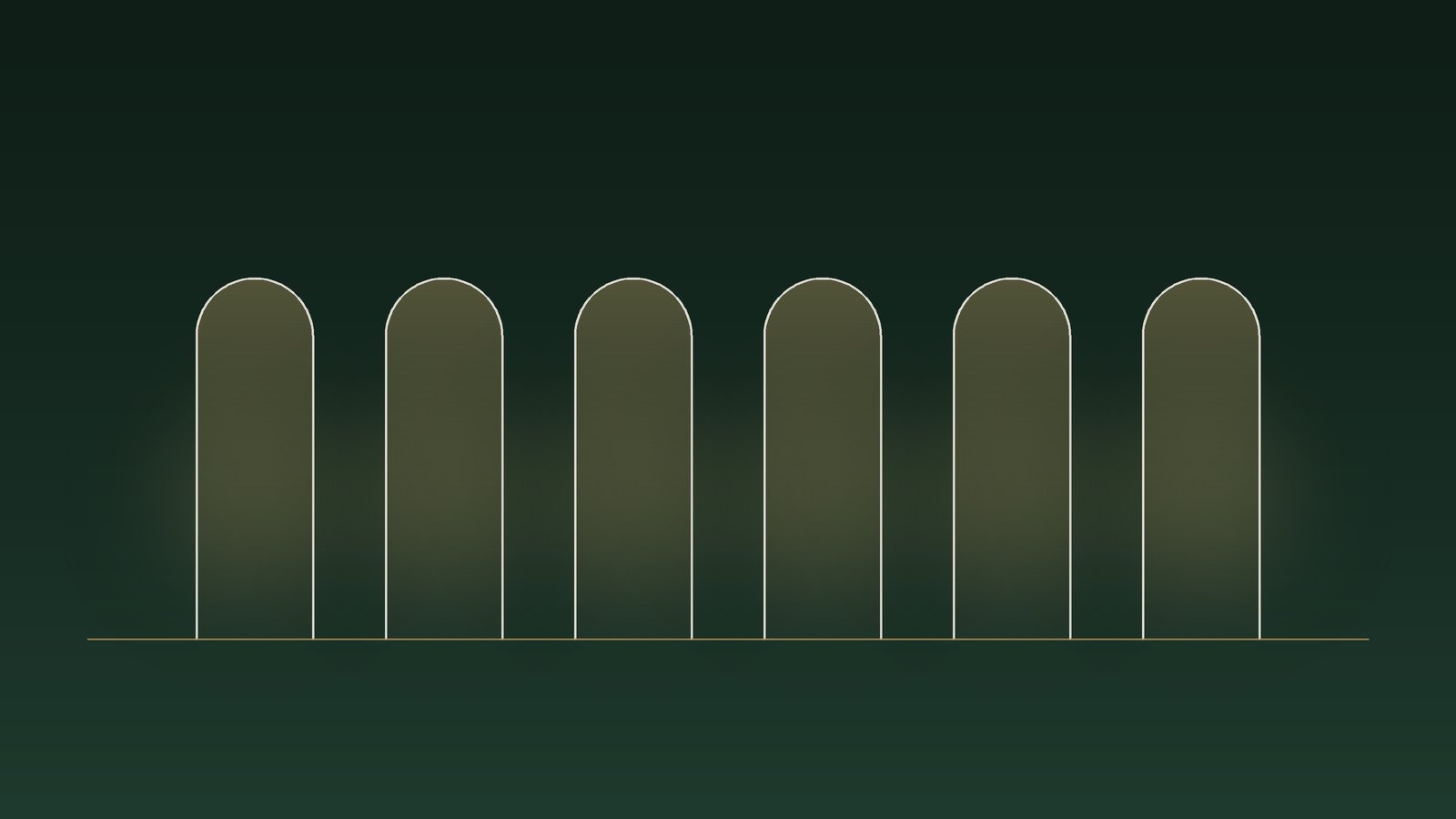 Six slim arches standing side by side, each softly lit