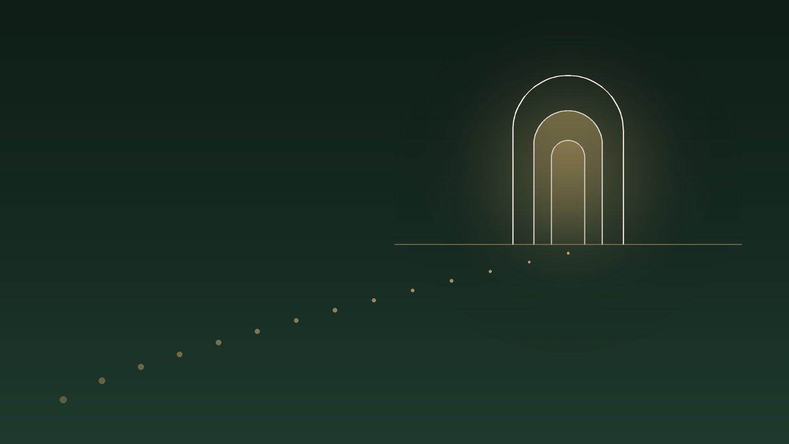 A path of small lights leading across the dark towards a lit arch