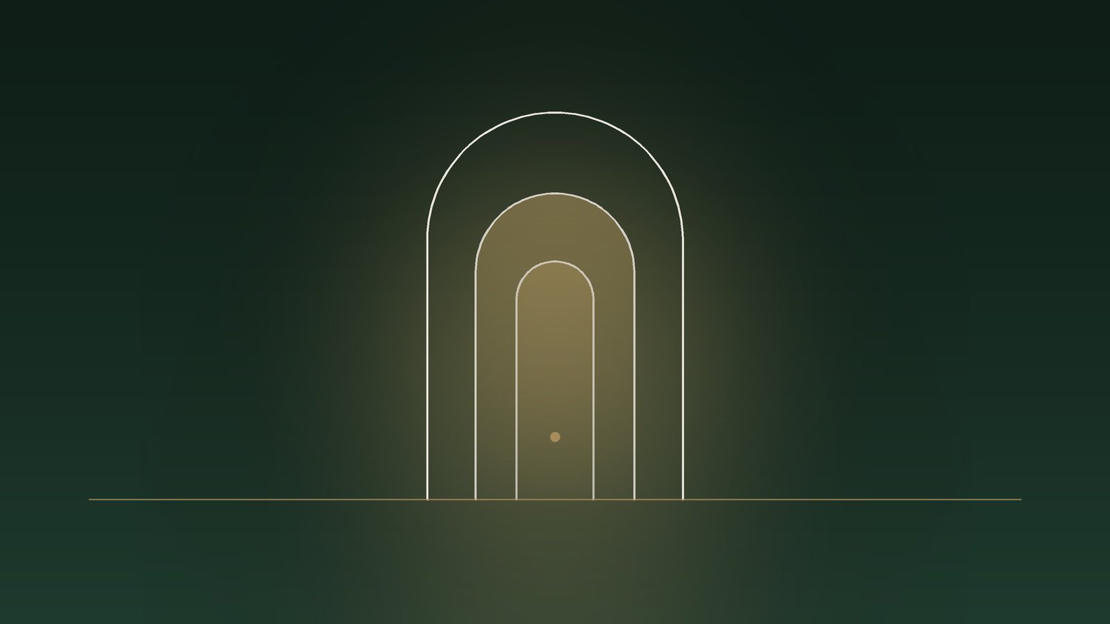 Three nested arches glowing softly from within, over a quiet horizon