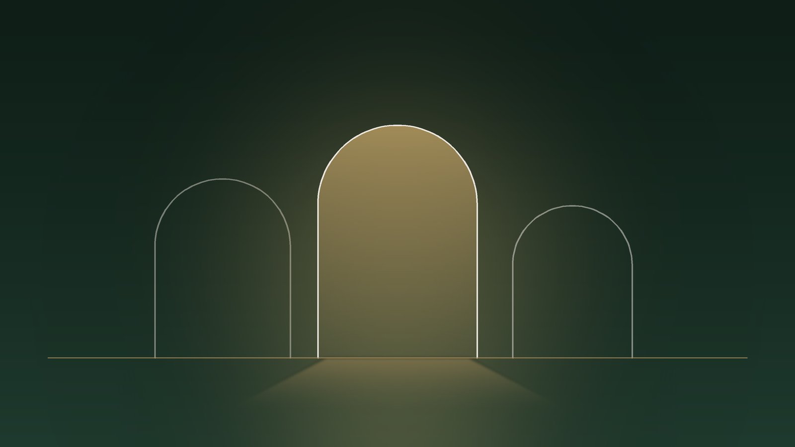 Three doorways, one softly lit and open, the others dark