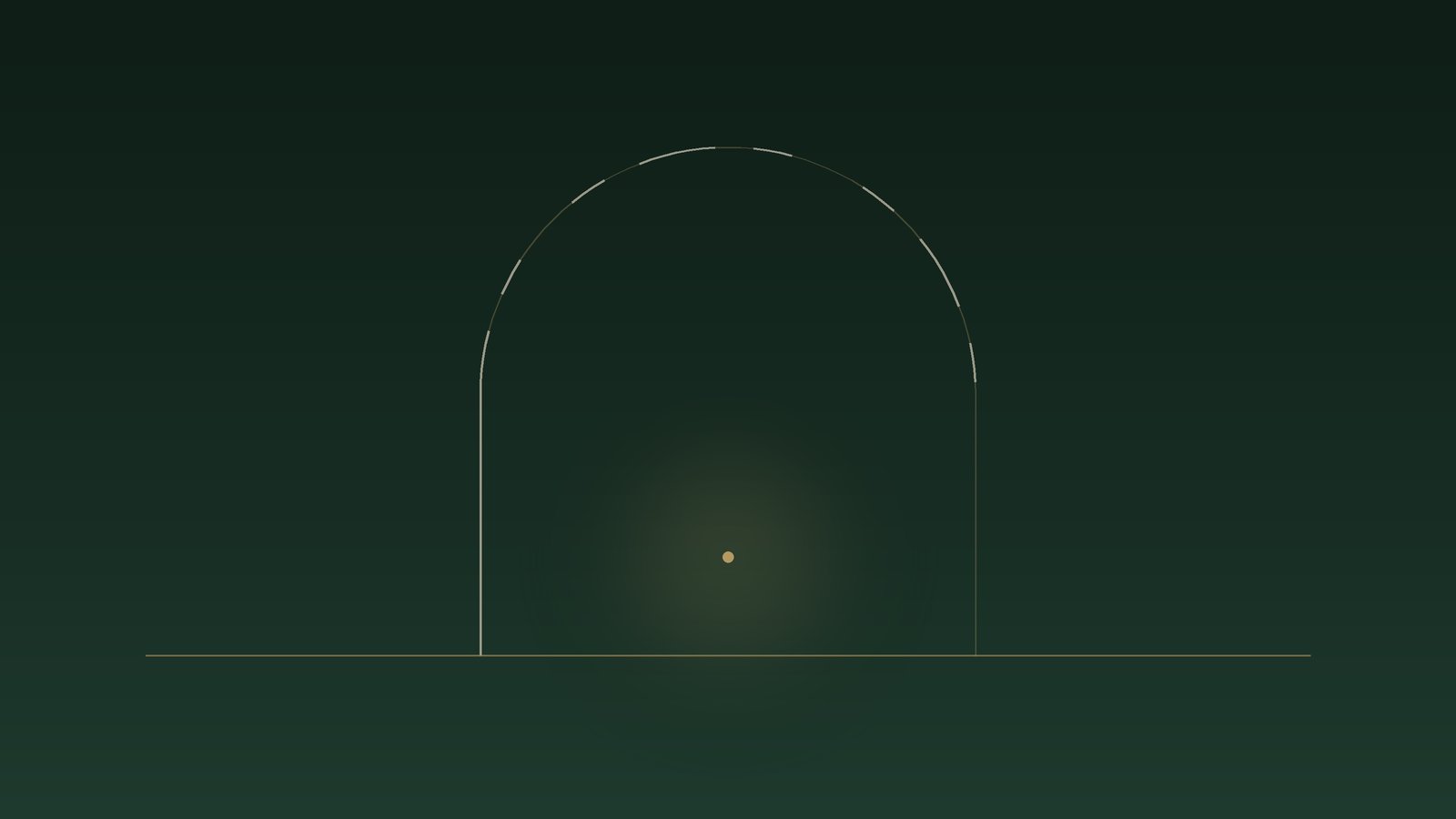 An arch drawn with a dashed line, open and empty, with a small light inside